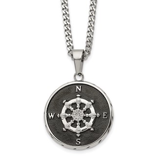 Chisel Stainless Steel Polished Black IP-plated Compass Pendant on a 22 inch Curb Chain Necklace