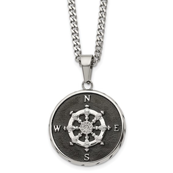 Chisel Stainless Steel Polished Black IP-plated Compass Pendant on a 22 inch Curb Chain Necklace