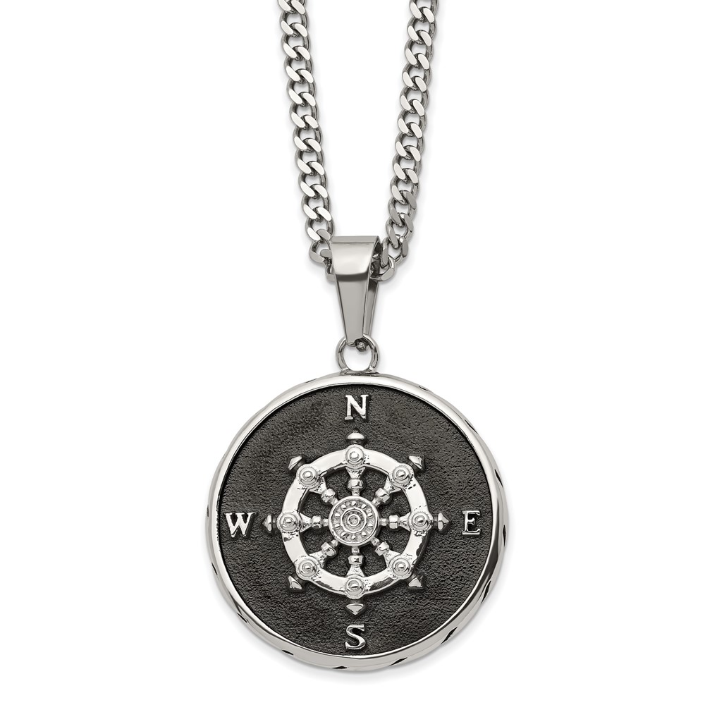 Stainless Steel Polished Black IP-plated Compass 22in Necklace