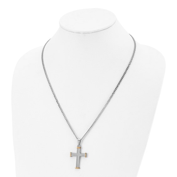 Chisel Stainless Steel Polished and Textured Yellow IP-plated Cross Pendant on a 22 inch Curb Chain Necklace