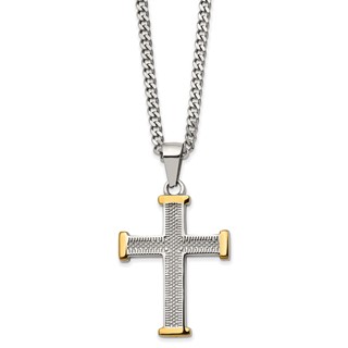 Chisel Stainless Steel Polished and Textured Yellow IP-plated Cross Pendant on a 22 inch Curb Chain Necklace