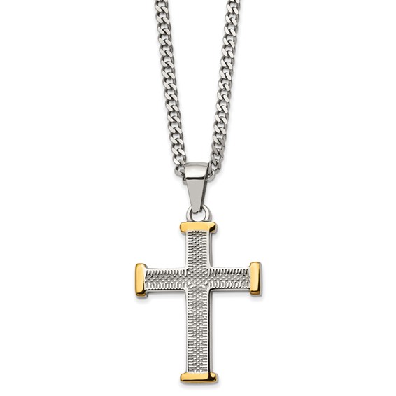 Chisel Stainless Steel Polished and Textured Yellow IP-plated Cross Pendant on a 22 inch Curb Chain Necklace