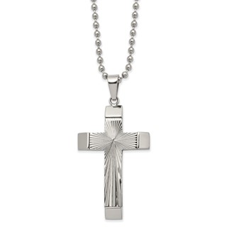 Chisel Stainless Steel Polished and Textured Starburst Cross Pendant on a 22 inch Ball Chain Necklace