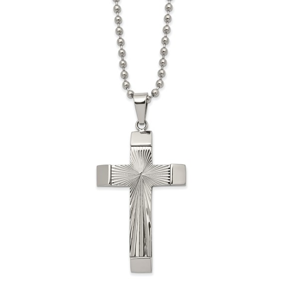 Chisel Stainless Steel Polished and Textured Starburst Cross Pendant on a 22 inch Ball Chain Necklace