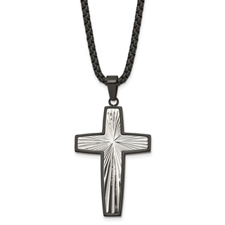 Chisel Stainless Steel Polished and Textured Black IP-plated Cross Pendant on a 24 inch Box Chain Necklace