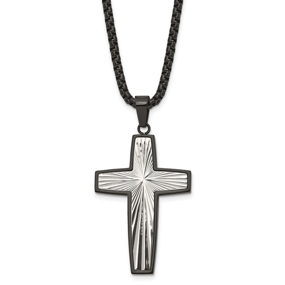 Chisel Stainless Steel Polished and Textured Black IP-plated Cross Pendant on a 24 inch Box Chain Necklace