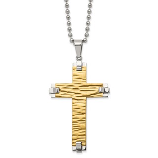 Chisel Stainless Steel Brushed Polished and Textured Yellow IP-plated Cross Pendant on a 22 inch Ball Chain Necklace