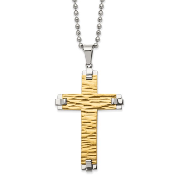 Chisel Stainless Steel Brushed Polished and Textured Yellow IP-plated Cross Pendant on a 22 inch Ball Chain Necklace