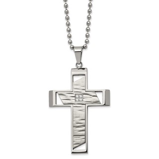 Chisel Stainless Steel Brushed Polished and Textured with CZ Cutout Cross Pendant on a 22 inch Ball Chain Necklace