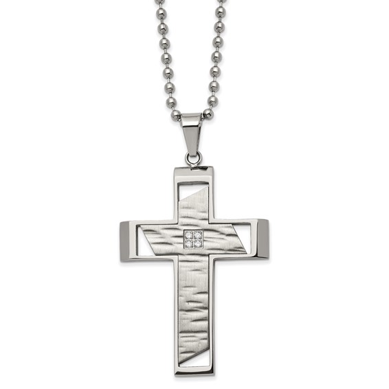 Chisel Stainless Steel Brushed Polished and Textured with CZ Cutout Cross Pendant on a 22 inch Ball Chain Necklace
