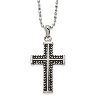 Chisel Stainless Steel Antiqued and Polished Chain Design Cross Pendant on a 22 inch Ball Chain Necklace