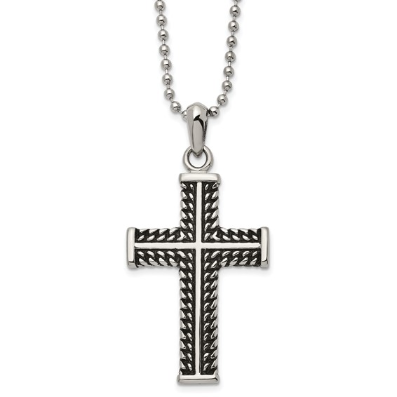 Chisel Stainless Steel Antiqued and Polished Chain Design Cross Pendant on a 22 inch Ball Chain Necklace