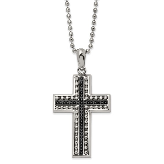 Chisel Stainless Steel Polished with Black CZ Cross Pendant on a 22 inch Ball Chain Necklace
