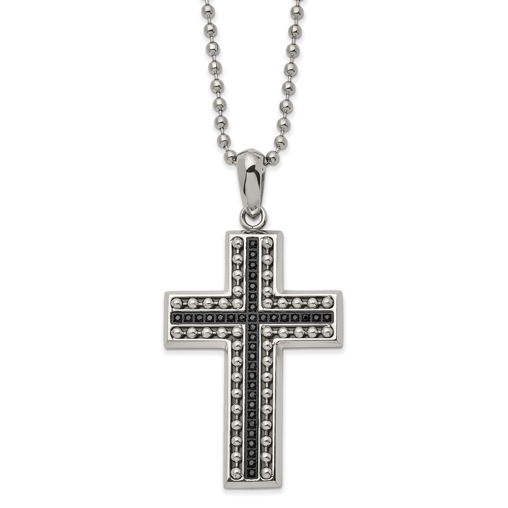 Stainless Steel Polished with Black CZ Cross 22in Necklace