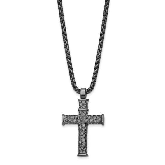 Chisel Stainless Steel Brushed Polished and Textured Gun Metal IP-plated Cross Pendant on a 24 inch Box Chain Necklace