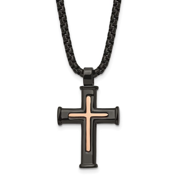 Chisel Stainless Steel Polished Black and Rose IP-plated Cross Pendant on a 24 inch Box Chain Necklace