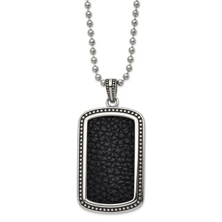 Chisel Stainless Steel Antiqued and Polished Black Textured Leather Inlay Dog Tag on a 22 inch Ball Chain Necklace