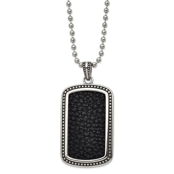 Chisel Stainless Steel Antiqued and Polished Black Textured Leather Inlay Dog Tag on a 22 inch Ball Chain Necklace