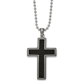 Chisel Stainless Steel Antiqued and Polished Black Leather Inlay Cross Pendant on a 22 inch Ball Chain Necklace