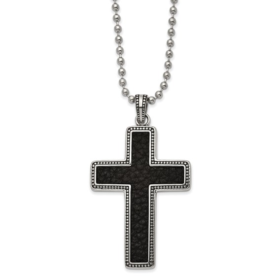 Chisel Stainless Steel Antiqued and Polished Black Leather Inlay Cross Pendant on a 22 inch Ball Chain Necklace