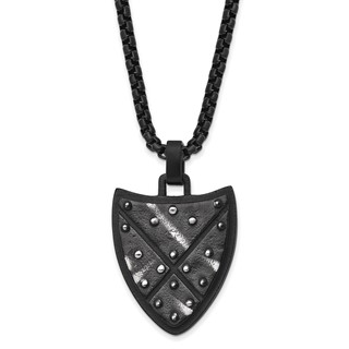 Chisel Stainless Steel Antiqued and Brushed Black IP-plated Shield Pendant on a 24 inch Box Chain Necklace