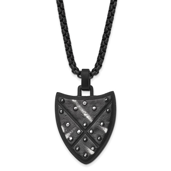 Chisel Stainless Steel Antiqued and Brushed Black IP-plated Shield Pendant on a 24 inch Box Chain Necklace