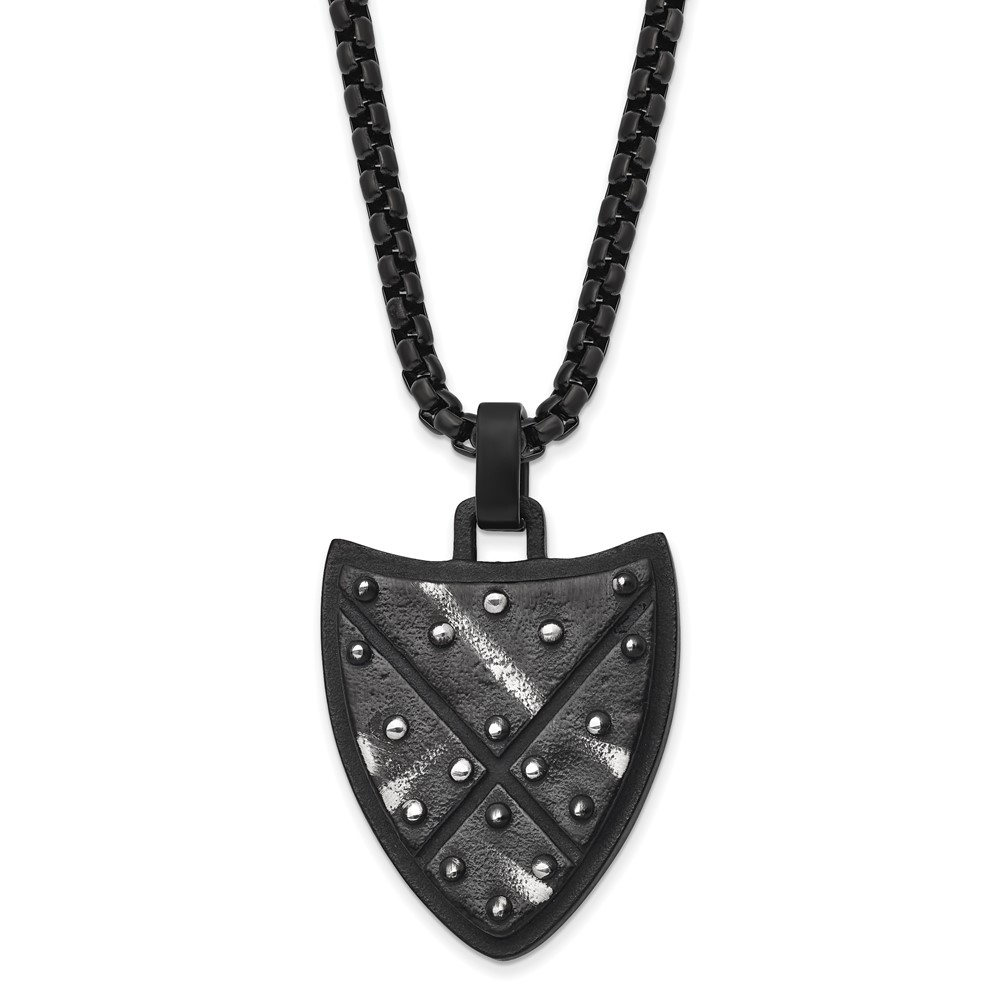 Stainless Steel Antiqued and Brushed Black IP-plated Shield 24in Necklace