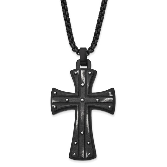 Chisel Stainless Steel Antiqued and Brushed Black IP-plated Cross Pendant on a 24 inch Box Chain Necklace
