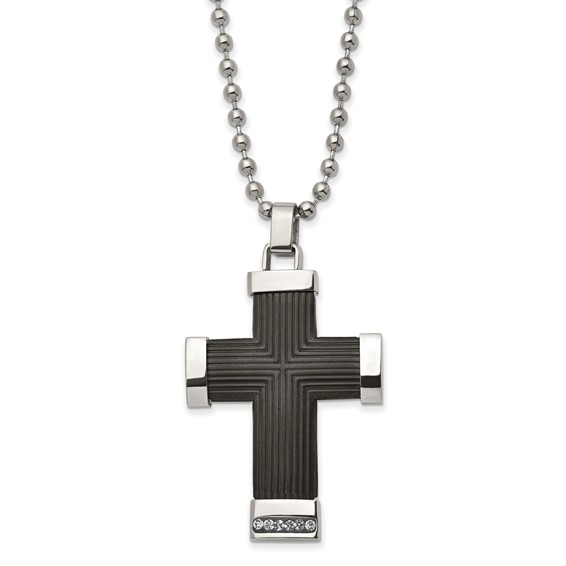 Chisel Stainless Steel Polished Black IP-plated with Preciosa Crystal Cross Pendant on a 22 inch Ball Chain Necklace