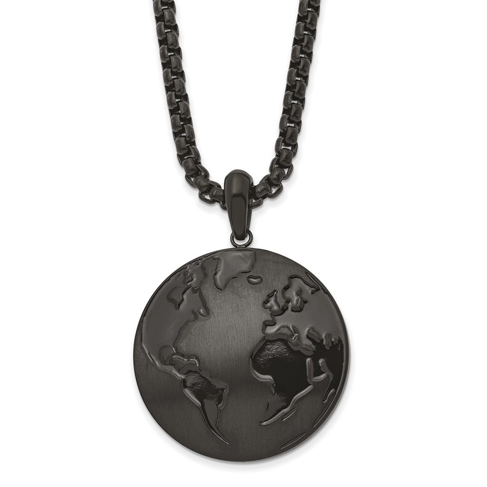 Stainless Steel Antiqued Brushed & Polished Black IP Earth 24in Necklace
