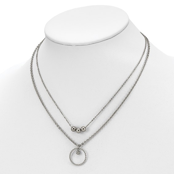 Chisel Stainless Steel Polished 2 Strand Circle and Beads 16.5 inch with a 1.75 inch Extension Necklace
