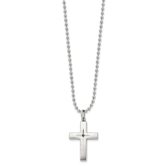 Chisel Stainless Steel Brushed and Polished 0.015 carat Black Diamond Cross Pendant on a 24 inch Ball Chain Necklace