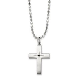 Chisel Stainless Steel Brushed and Polished 0.015 carat Black Diamond Cross Pendant on a 24 inch Ball Chain Necklace