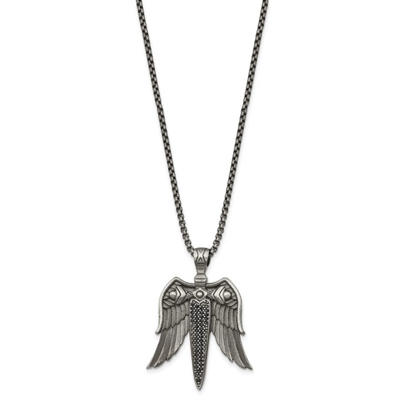 Chisel Stainless Steel Antiqued White Bronze-plated with Black CZ Sword with Wings on a 24 inch Box Chain Necklace