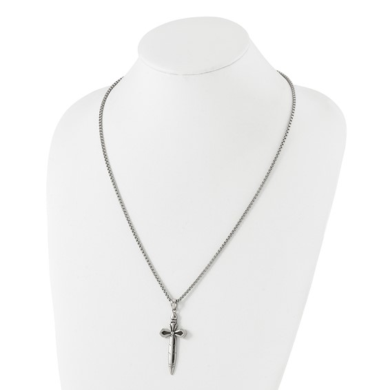 Chisel Stainless Steel Antiqued and Polished Cross/Sword Pendant on a 24 inch Box Chain Necklace