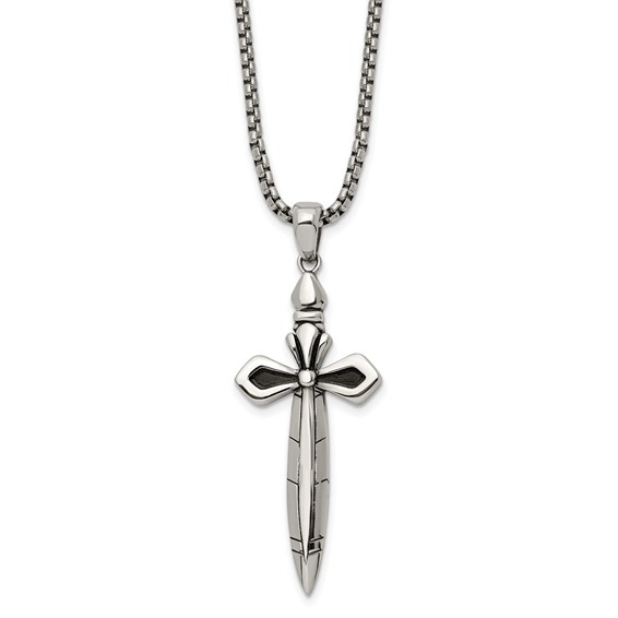 Chisel Stainless Steel Antiqued and Polished Cross/Sword Pendant on a 24 inch Box Chain Necklace