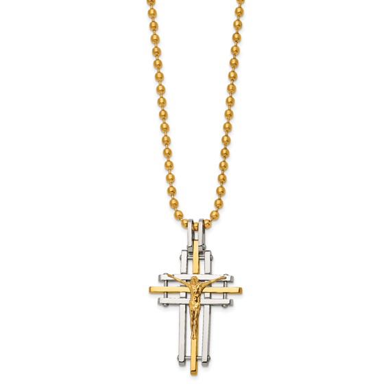 Chisel Stainless Steel Polished Yellow IP-plated Crucifix Pendant on a 24 inch Ball Chain Necklace