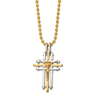 Chisel Stainless Steel Polished Yellow IP-plated Crucifix Pendant on a 24 inch Ball Chain Necklace