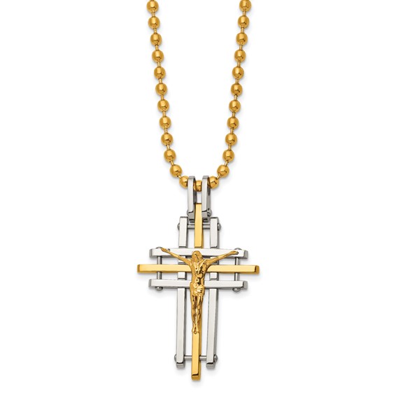 Chisel Stainless Steel Polished Yellow IP-plated Crucifix Pendant on a 24 inch Ball Chain Necklace