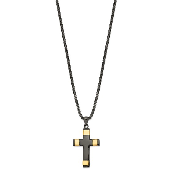 Chisel Stainless Steel Polished Black and Yellow IP-plated Cross Pendant on a 19.75 inch Box Chain Necklace