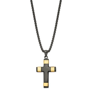 Chisel Stainless Steel Polished Black and Yellow IP-plated Cross Pendant on a 19.75 inch Box Chain Necklace