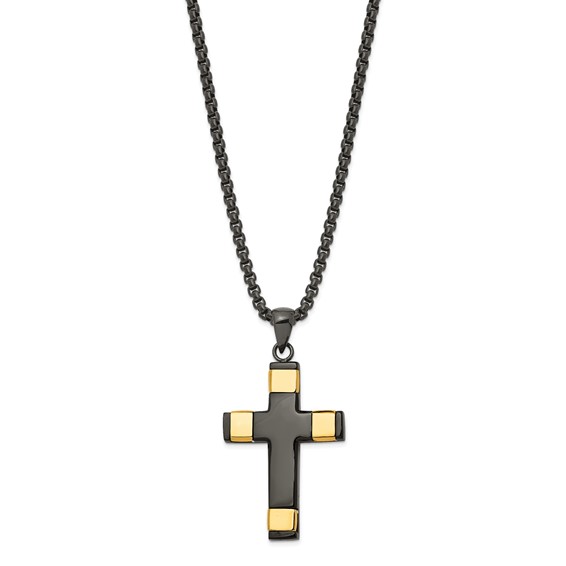 Chisel Stainless Steel Polished Black and Yellow IP-plated Cross Pendant on a 19.75 inch Box Chain Necklace