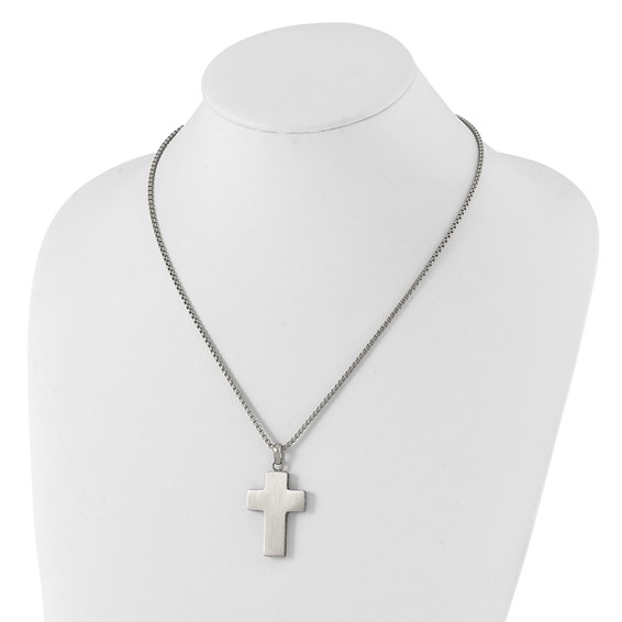 Chisel Stainless Steel Brushed Black Oxidized Design Edges Cross Pendant on a 19.75 inch Box Chain Necklace