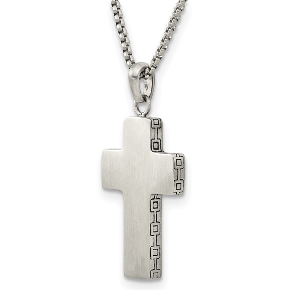Chisel Stainless Steel Brushed Black Oxidized Design Edges Cross Pendant on a 19.75 inch Box Chain Necklace