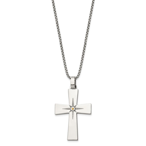 Chisel Stainless Steel Polished Yellow IP-plated Starburst Cross Pendant on a 24 inch Box Chain Necklace