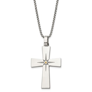 Chisel Stainless Steel Polished Yellow IP-plated Starburst Cross Pendant on a 24 inch Box Chain Necklace