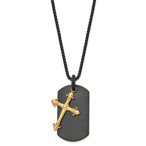 Chisel Stainless Steel Polished Black and Yellow IP-plated 2 Piece Cross and Dog Tag on a 24.75 inch Box Chain Necklace