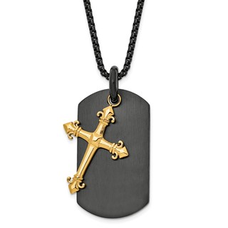 Chisel Stainless Steel Polished Black and Yellow IP-plated 2 Piece Cross and Dog Tag on a 24.75 inch Box Chain Necklace