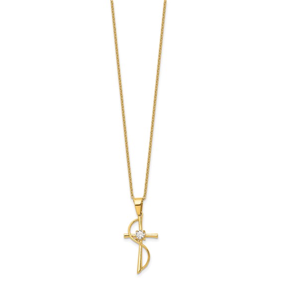 Chisel Stainless Steel Polished Yellow IP-plated with CZ Cross Pendant on a 17.75 inch Cable Chain Necklace