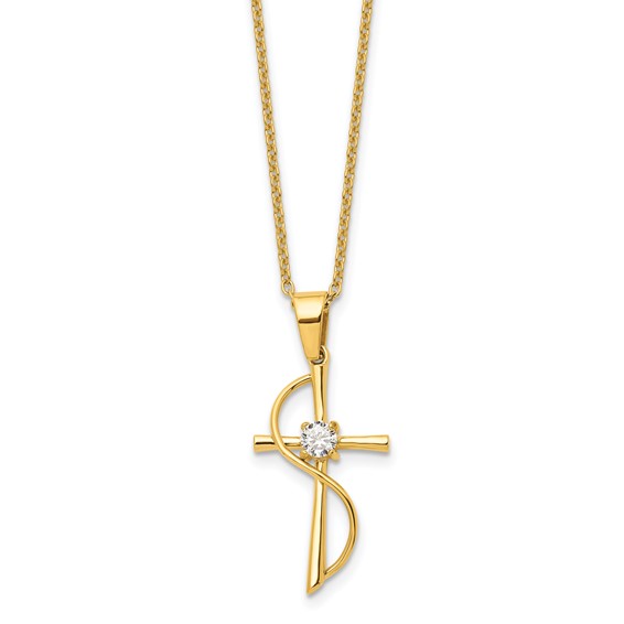 Chisel Stainless Steel Polished Yellow IP-plated with CZ Cross Pendant on a 17.75 inch Cable Chain Necklace